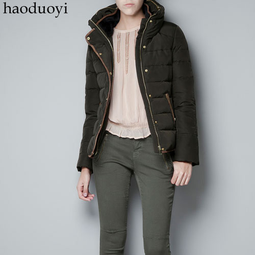 Free Shipping, Suede fabric trimmed hooded slim waist fur collar blackish green slim short down coat 6 full