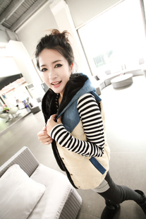 Free shipping Sugar sugar 2012 autumn and winter casual patchwork denim hooded plus cotton all-match color block vest