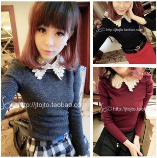 Free shipping Sugar sugar 2012 autumn and winter women beading crochet doll turn-down collar puff sleeve knitted top female