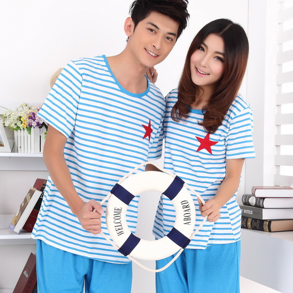 free shipping Summer 100% cotton lovers sleepwear short-sleeve stripe lounge set male at home service