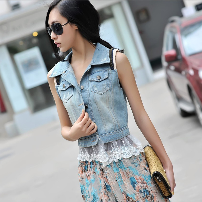 Free Shipping Summer 2012 vintage princess lace decoration plus size sleeveless vest style outerwear vest denim vest