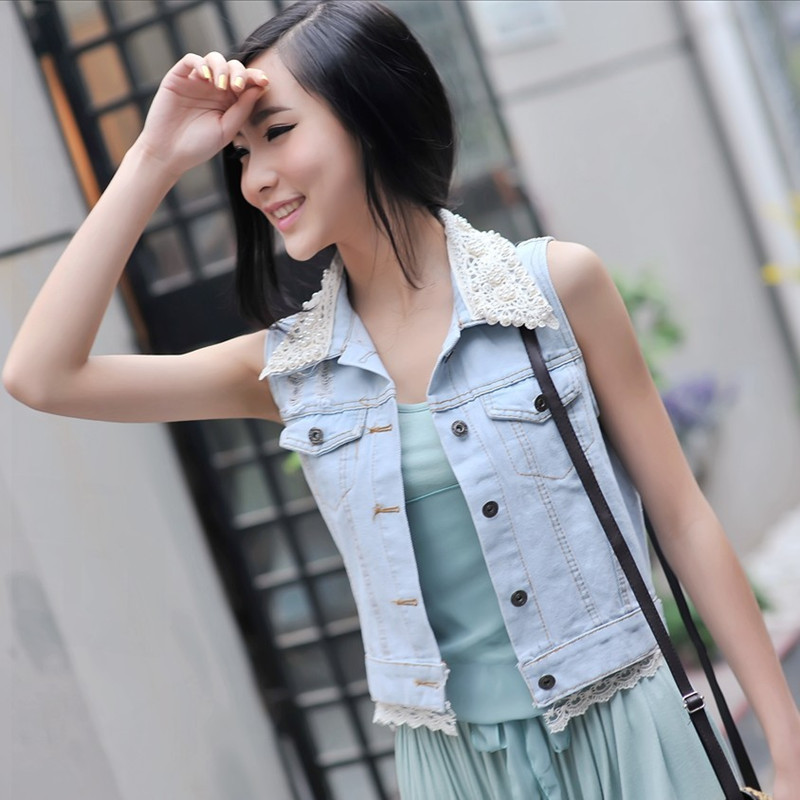 Free Shipping Summer 2012 women's sweet pearl slim waist all-match cardigan short design outerwear denim vest