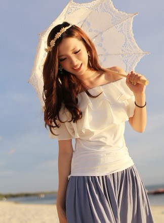 free shipping Summer 2013 women's ruffle slit neckline strapless slim waist chiffon shirt short-sleeve t-shirt top