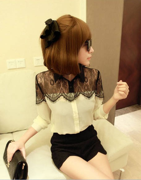 Free Shipping summer autumn lady long sleeve chiffon blouse,women black lace shirt