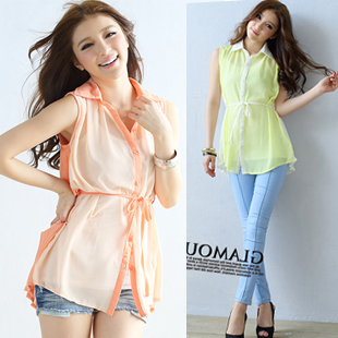 Free Shipping summer candy color pleated sleeveless chiffon shirt turn-down collar color block long design chiffon shirt