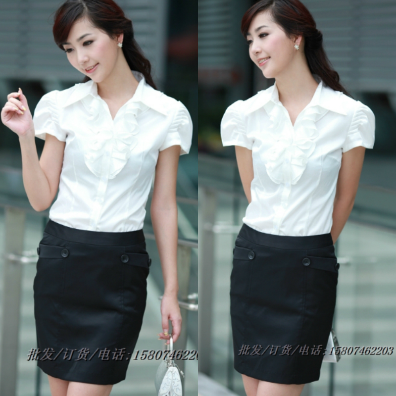 Free shipping Summer fashion clothing shirt white collar ol work wear skirt 3825 silk short-sleeve shirt