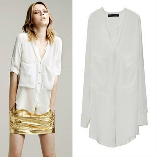 free shipping Summer fashion women's 2012 plus size chiffon shirt double pocket solid color chiffon t-shirt