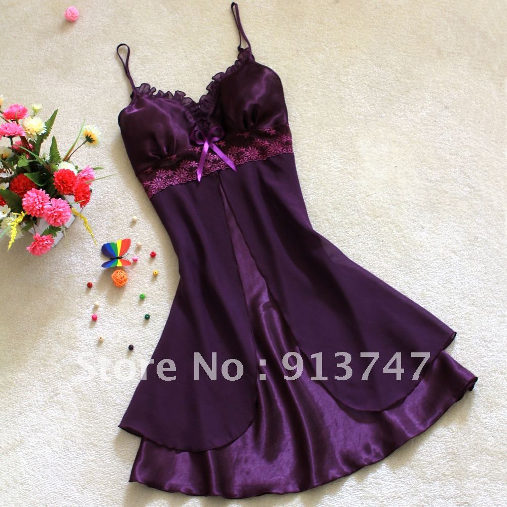 Free shipping summer faux silk lace spaghetti strap nightgown sexy chiffon gauze nightgown sexy sleepwear female