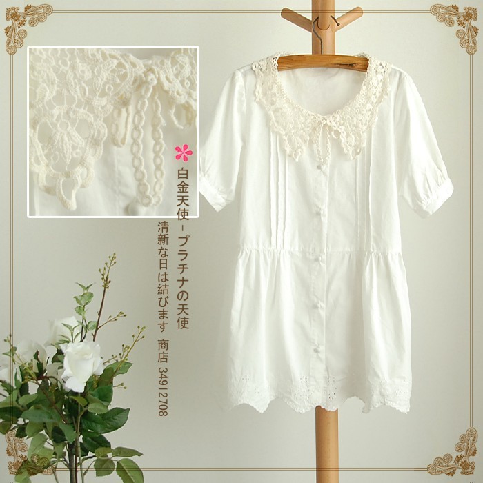 Free shipping Summer fresh crochet high waist loose cute white shirt cute shirt female 8094