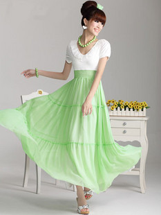 Free Shipping, Summer fruit green bohemia short-sleeve chiffon expansion bottom full dress one-piece dress