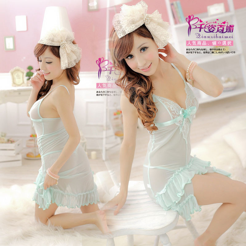 FREE SHIPPING Summer green Light women's lace sexy sleepwear transparent spaghetti strap gauze nightgown