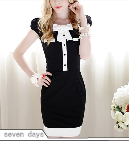 Free Shipping Summer Hot Sale Color Block Bowknot Decoration Single-breasted Puff Sleeve Dress With Pockets  XL060717