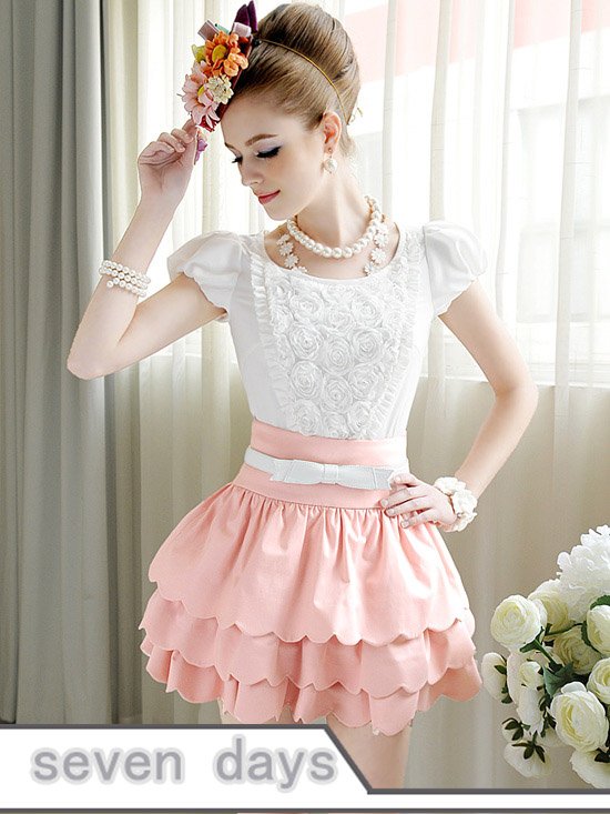 Free Shipping Summer Hot Sale Rose Design Puff Sleeve Round Neck Blouse CL042319