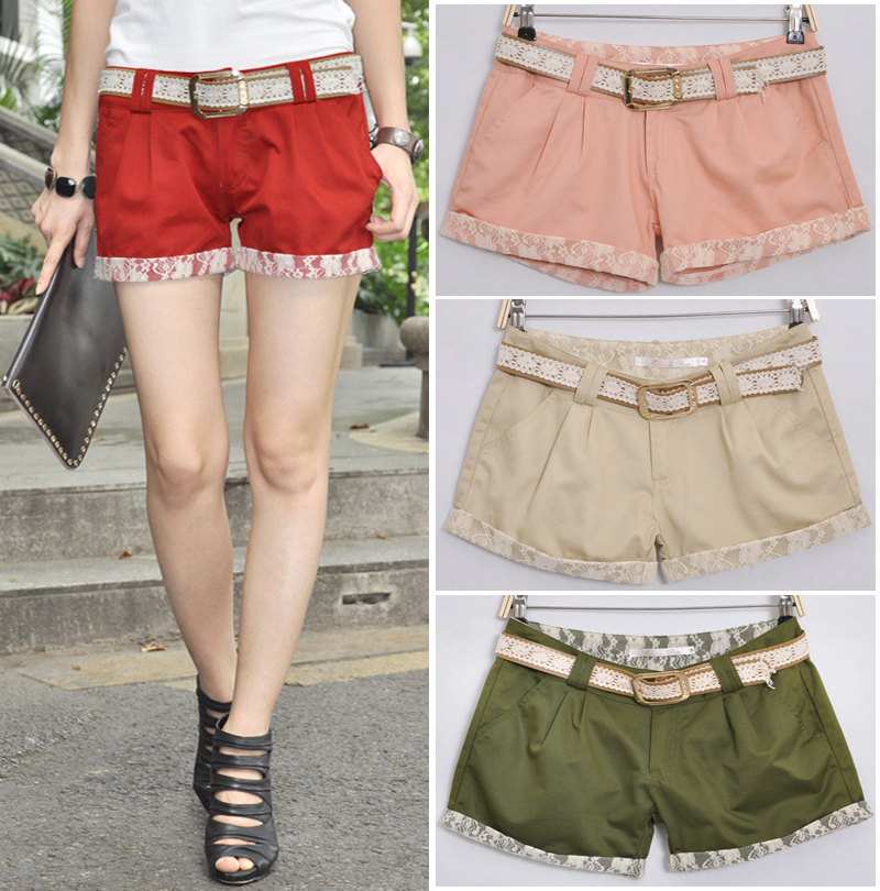 Free shipping summer ladies short pants 2013 Korea flanging of the new women's lace casual cotton shorts(Free Belt)