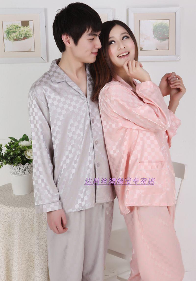 Free Shipping Summer lovers sleepwear faux silk male women's at home service Women long-sleeve silk lounge set