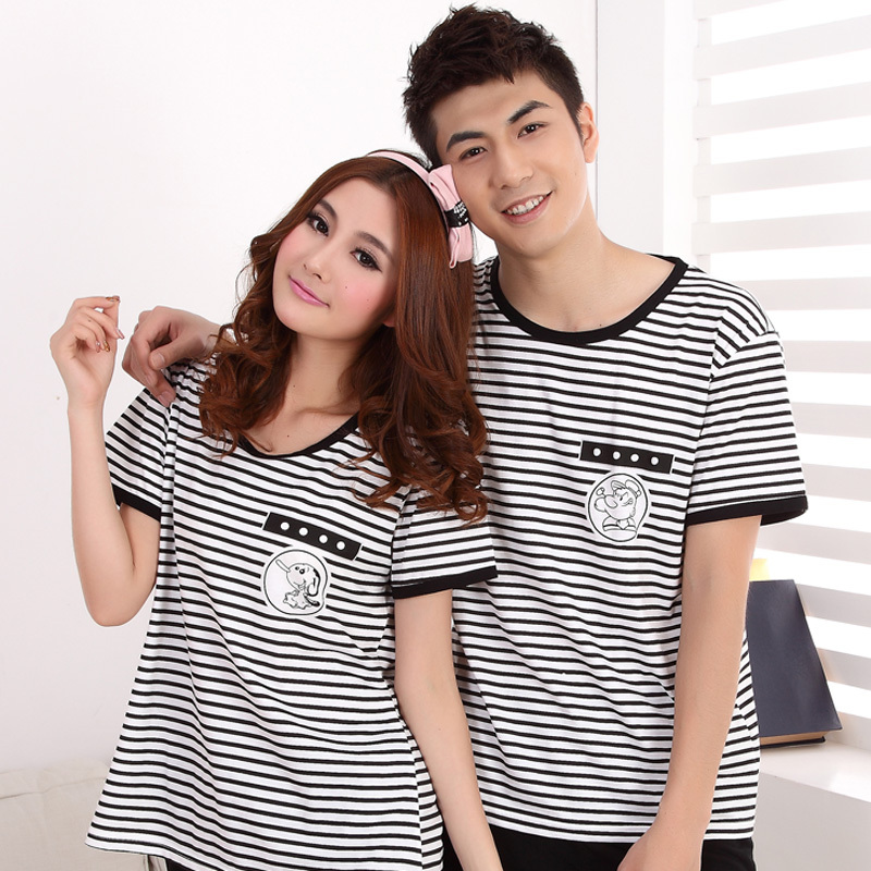 Free Shipping Summer lovers sleepwear female stripe set cotton cartoon lounge male sleepwear