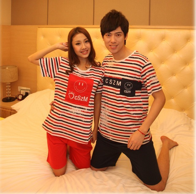 Free Shipping, Summer lovers sleepwear pure cotton stripe letter male women's japanese style lounge sleep set