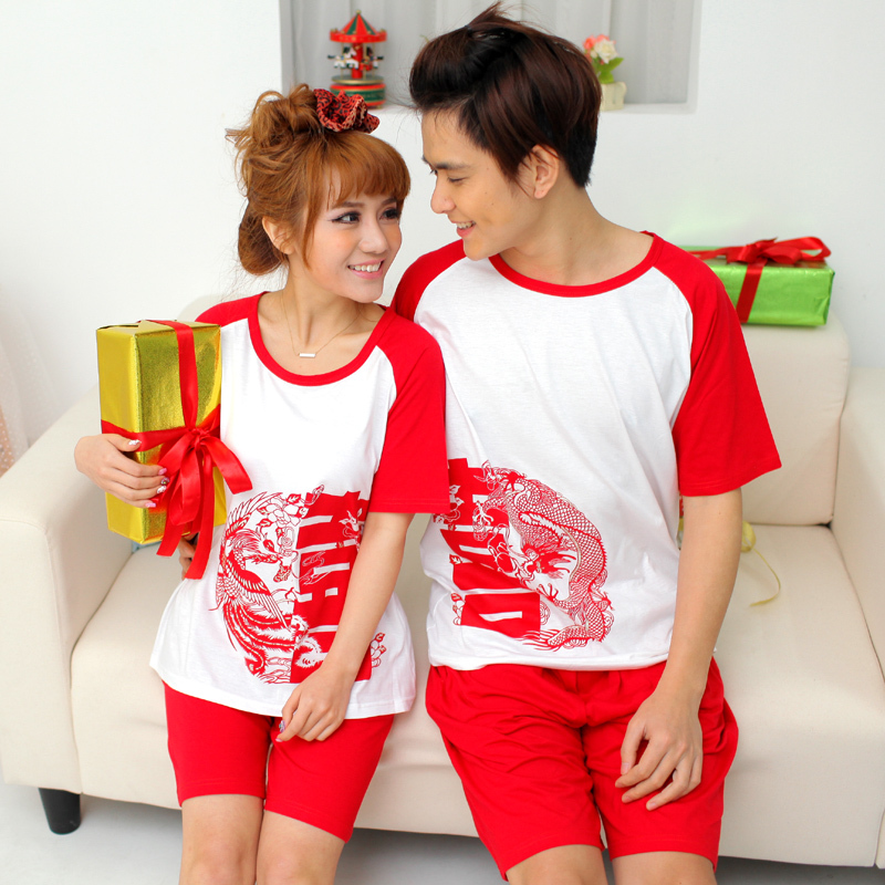 Free Shipping Summer lovers sleepwear red marry short-sleeve lovers sleepwear female lounge