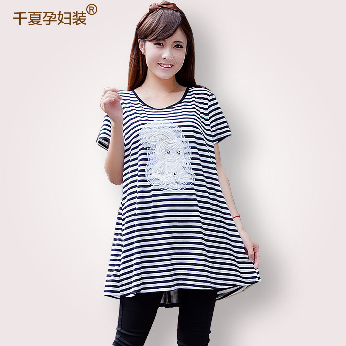 Free shipping Summer maternity clothing clothes fashion lace beaded long design stripe t-shirt skirt