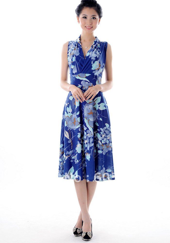 Free shipping-summer new arrival-ladies' dresses sleeveless V-neck elegant dress L~XXXL stretchable-blue floral