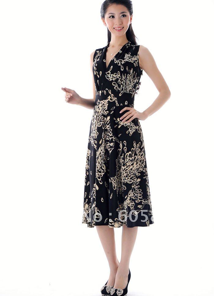 Free shipping-summer new arrival-ladies' dresses sleeveless V-neck long dress L~XXXL stretchable-peacock feather pattern