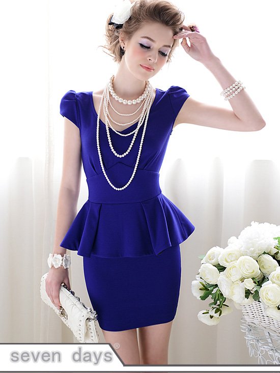 Free Shipping Summer New Pure Color  OL Low Waist V-neck Short Sleeve Dress SL052228BU