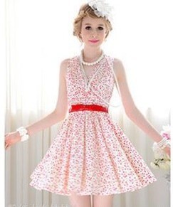 Free shipping Summer new Small floral  V -neck  slim big swing sweet sleeveless  dress(with belt),retail and wholeasle