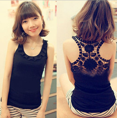 Free Shipping Summer New Womens Fashion Hollow Out Lace Back Ruffled Collar Small Cotton Vest Black/White Q9653