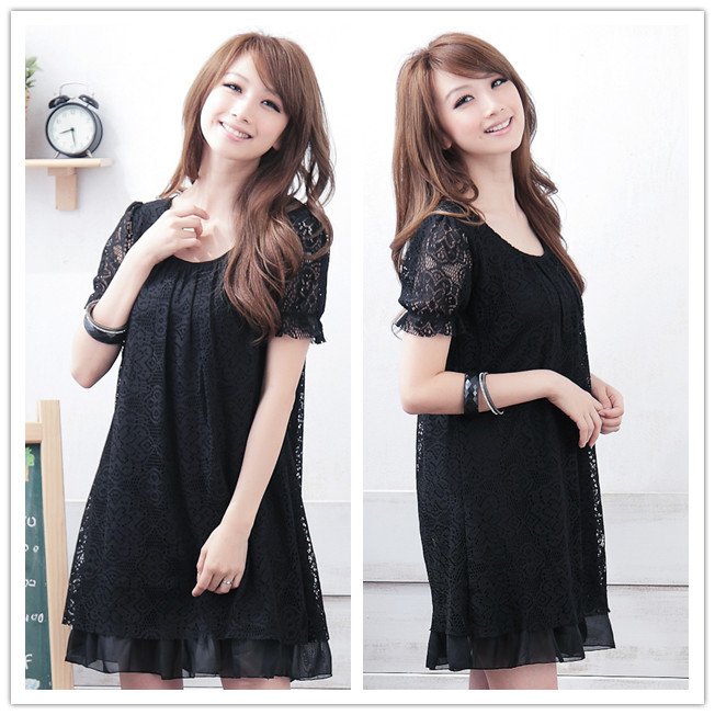 Free shipping summer plus size clothes ladies lace dress chiffon hem short sleeve 3 colors XL-XXXXL