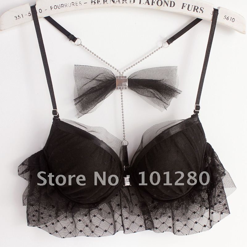 FREE SHIPPING Summer sexy bow lace big ruffle front button women's underwear set side gathering push up bra cover