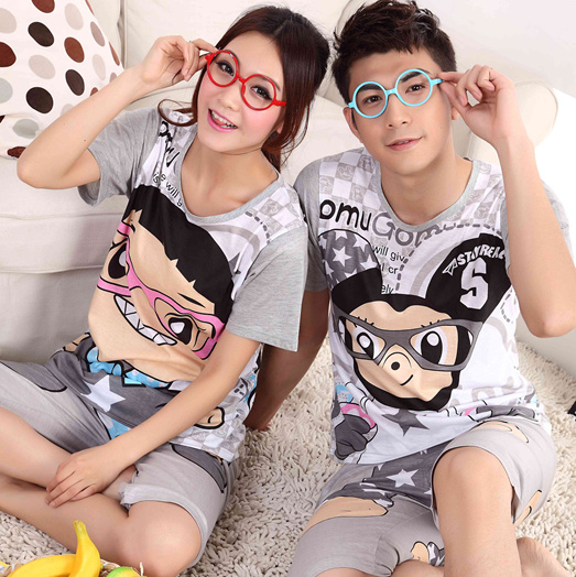 free shipping Summer short-sleeve sleepwear female lovers cartoon 100% cotton short-sleeve sleep set lounge male