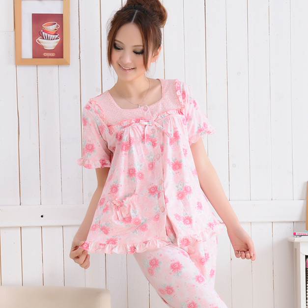 free shipping Summer sleep set 100% cotton women's sleepwear cotton sleepwear flower sleepwear twinset