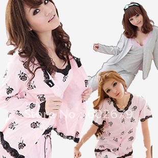 Free shipping Summer sleepwear 100% cotton black rose sexy women's long-sleeve spaghetti strap sleepwear female piece set