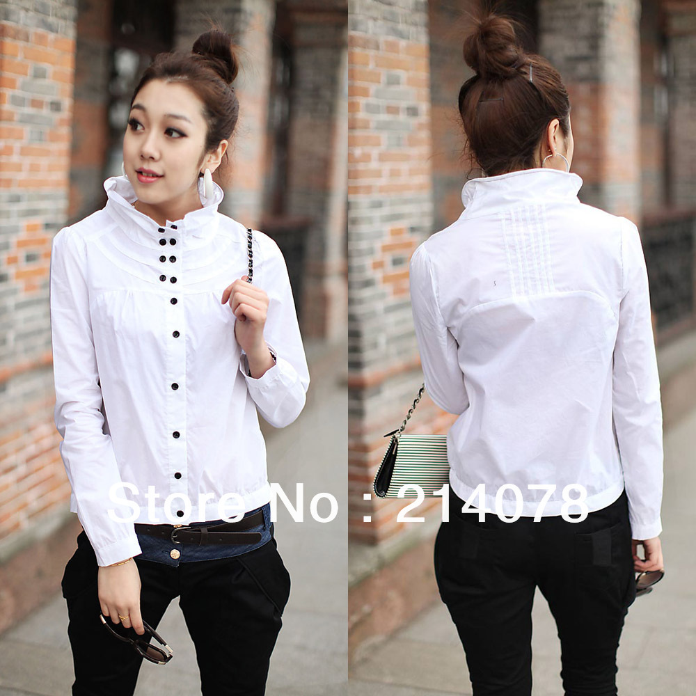 Free shipping summer & spring women elegant stand collar fresh blouse female slim pullover shirt 10 buttons