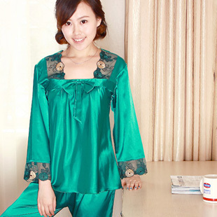 FREE SHIPPING Summer square collar pullover faux silk long-sleeve sleepwear underwear Women lounge set thin