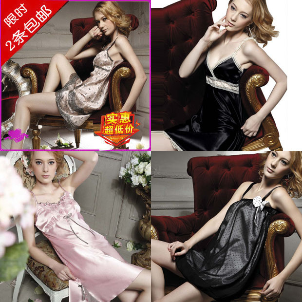 free shipping  summer V-neck sexy lace women's faux silk spaghetti strap nightgown short-sleeve silk one piece sleepwear