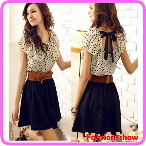 Free Shipping Summer Women Chiffon Crew Neck Short Sleeve Dots Polka Waist Top Dress With Belt