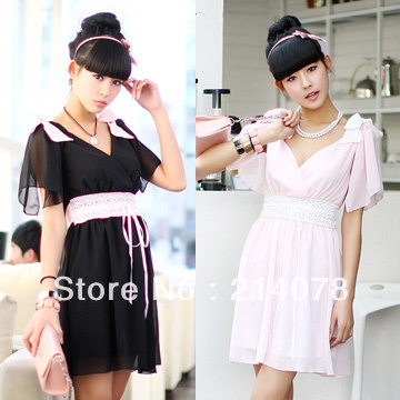 free shipping summer women elegant bow one-piece sweet preppy style dress with sash elastic waist