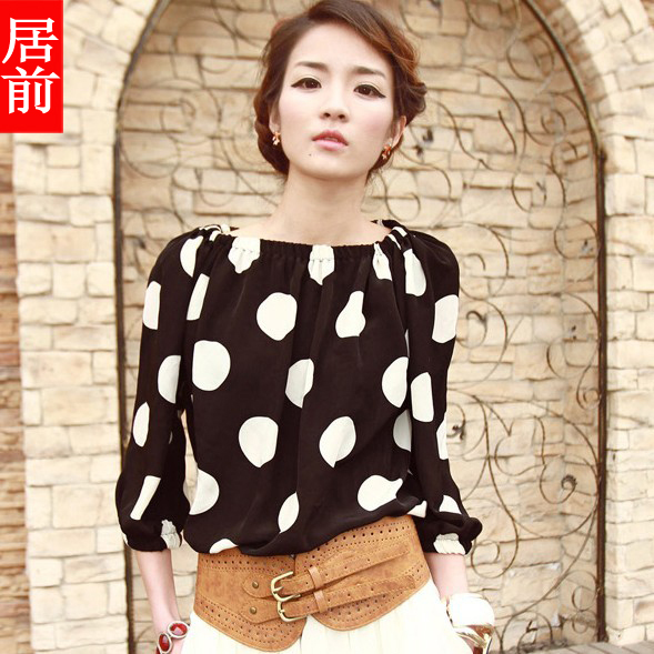 Free Shipping Summer women's 2013 fashion street big polka dot elastic neckline 7 y8521 chiffon shirt 31a