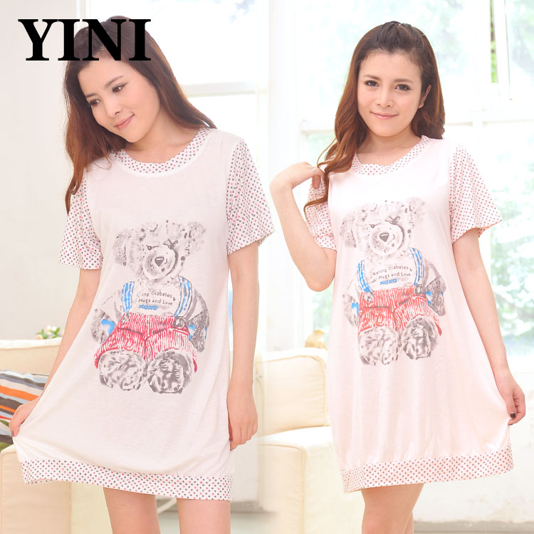 free shipping Summer women's bear o-neck one-piece dress 100% cotton small fresh nightgown 47029