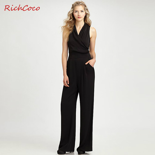 Free shipping,Summer women's chiffon sleeveless high waist black V-neck sexy backless jumpsuit pants,ladies' plus size clothing