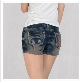 Free shipping summer women's denim shorts paillette ornament pockets shorts women's jeans shorts ladies' denim short pants