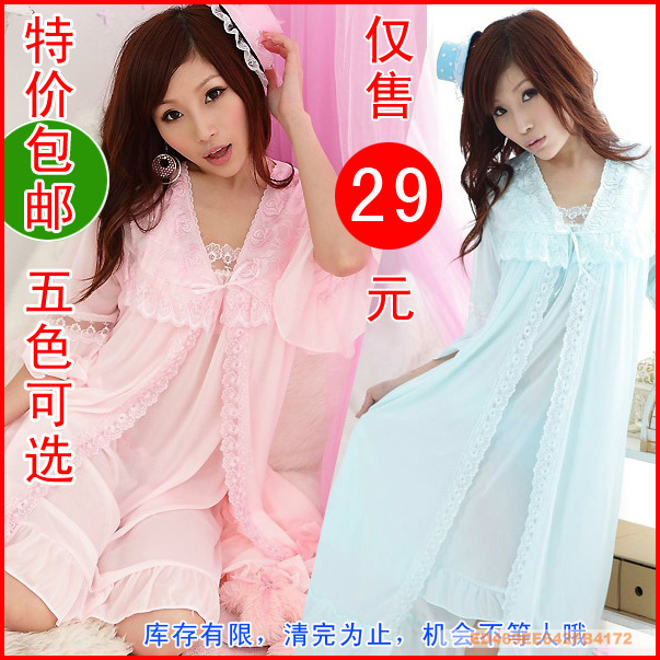 FREE SHIPPING Summer women's sexy viscose sleepwear nightgown twinset lace princess faux silk spaghetti strap robe