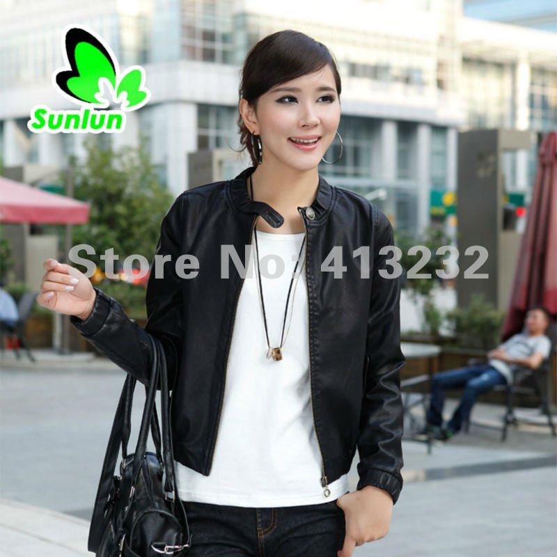 Free Shipping Sunlun Fantasy Zone Ladies' Fashion Casual Round Neck Short Leather Jacket Women Coats Four Colors Available