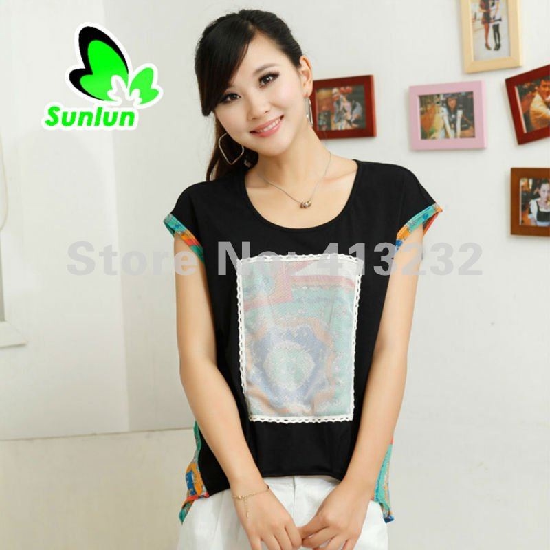 Free Shipping Sunlun Fantasy Zone Ladies' Fashion Leisure Chiffon Split Joint Bat T-shirt Women Shirt 2012 New Arrival