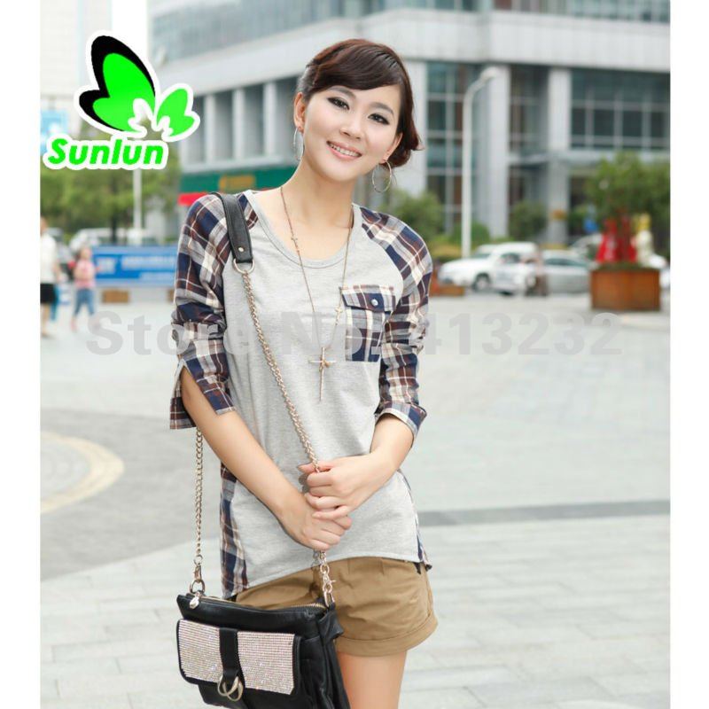 Free Shipping Sunlun Fantasy Zone Ladies' Fashion Plaid Split Joint Long Sleeve Shirt Women Shirt Blouse Women 2012 New Arrival