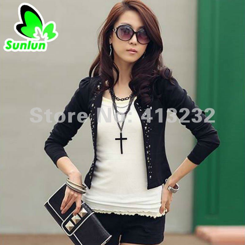 Free Shipping Sunlun Fantasy Zone Ladies' Korean Personality Rivet Small Jacket Women's Outwear Black And White