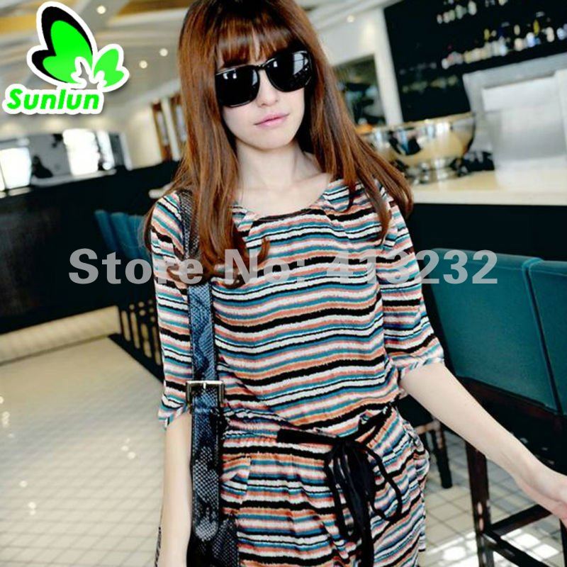 Free Shipping Sunlun Fantasy Zone Ladies' New Fashion Color Striped Shirt Women Shirt 2012 New Arrival