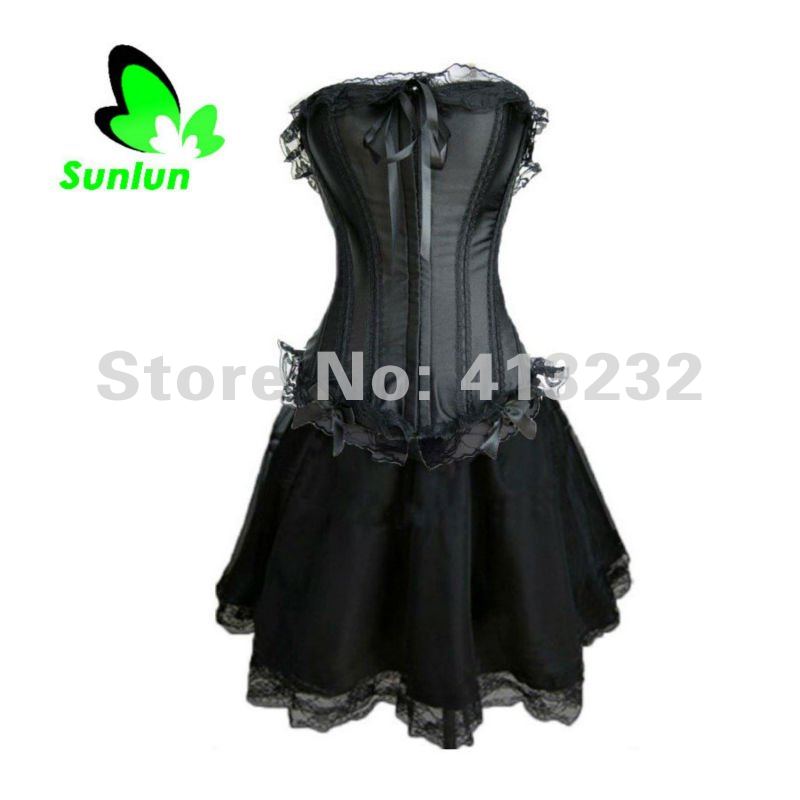 Free Shipping Sunlun Fantasy Zone Ladies' Sexy Corset Women Bone Black Lace Bustier Corset + G-string