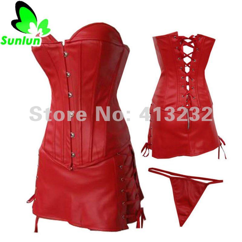 Free Shipping Sunlun Fantasy Zone Ladies' Sexy Leather Bustier Corset Dress G-String Women Corset Top